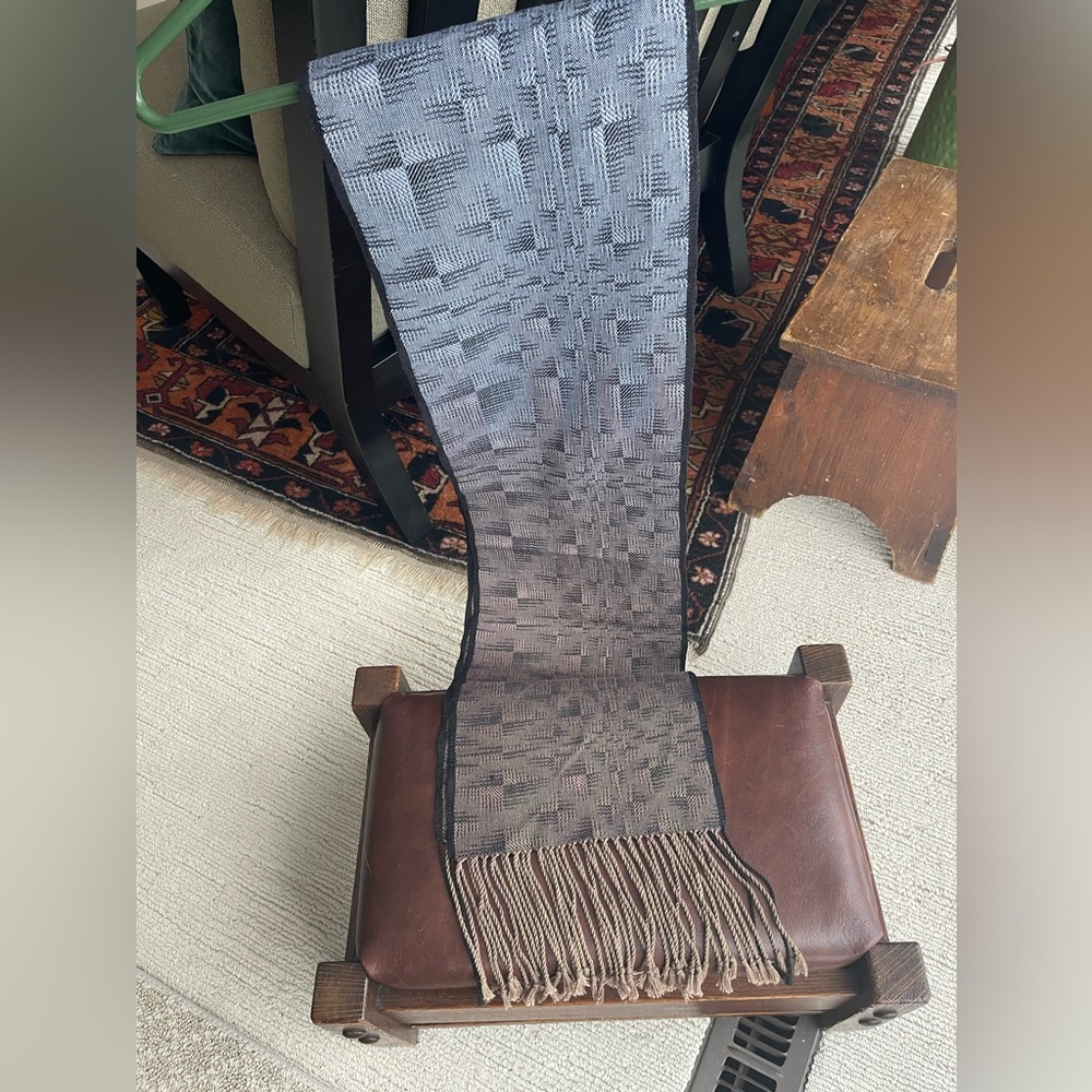 Woven silk and rayon scarf. Fringe. Hombre blended colors tan/blue/navy/black. - Picture 6 of 6